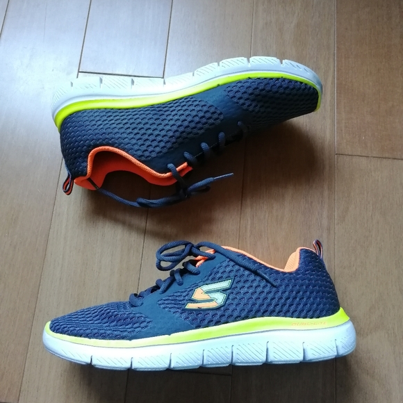 Skechers Flex Advantage Sneakers Navy with Neon Orange and Yellow MEN 6.5/ W 8.5 - Picture 3 of 13